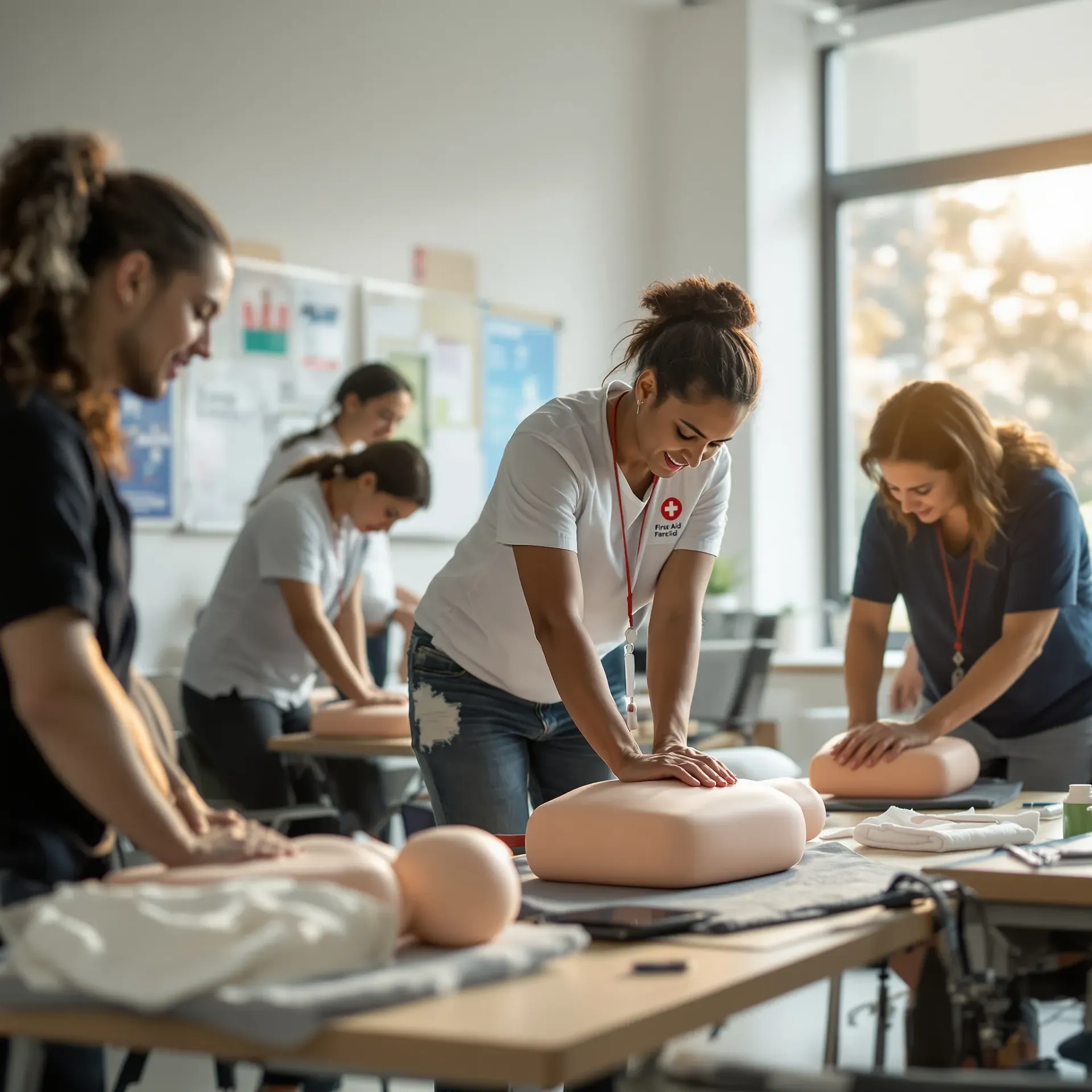 Erste Hilfe Training Kurs mit Teilnehmern bei der praktischen Übung von Wiederbelebungsmaßnahmen